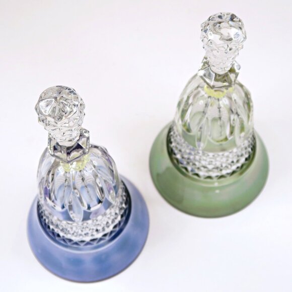 Set of 2 1970s-era Pressed Glass Bells - Purple & Green Painted Bases - Vintage - Picture 3 of 6